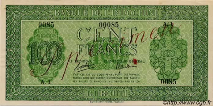100 Francs Palestine Spécimen DJIBOUTI  1945 P.16s pr.SPL