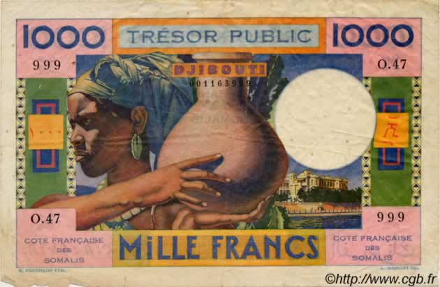 1000 Francs DJIBOUTI  1952 P.28 TB