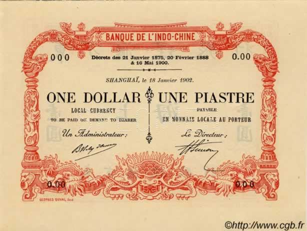 1 Dollar / 1 Piastre Spécimen INDOCHINE FRANÇAISE  1902 PS.440 NEUF