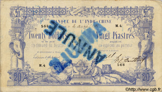 20 Dollars - 20 Piastres Annulé INDOCHINE FRANÇAISE Saïgon 1886 P.022 TTB