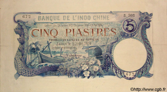 5 Piastres Dessin INDOCHINE FRANÇAISE  1904 P.000 TTB