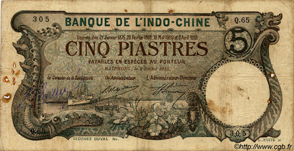 5 Piastres INDOCHINE FRANÇAISE Haïphong 1900 P.016b B+