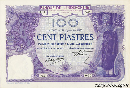 100 Piastres FRENCH INDOCHINA Saïgon 1910 P.039s UNC-
