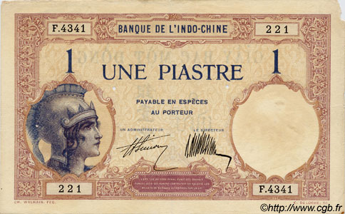 1 Piastre FRENCH INDOCHINA  1927 P.048b VF+
