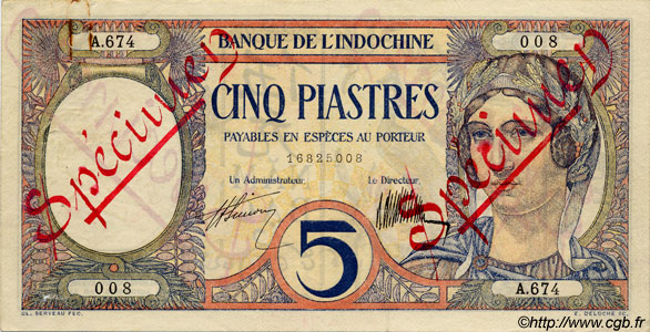 5 Piastres INDOCHINE FRANÇAISE  1927 P.049b pr.SUP