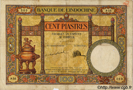 100 Piastres INDOCHINE FRANÇAISE  1925 P.051a B+