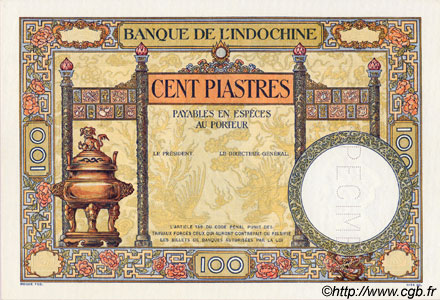 100 Piastres Spécimen INDOCHINE FRANÇAISE  1932 P.051bs NEUF