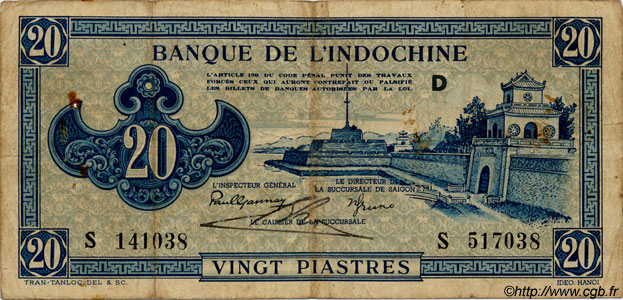 20 Piastres bleu INDOCHINE FRANÇAISE  1943 P.065 TB