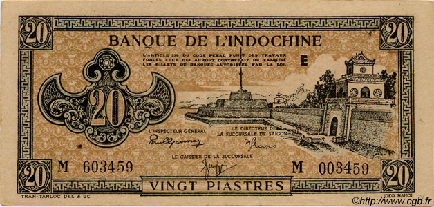 20 Piastres marron INDOCHINE FRANÇAISE  1945 P.071 SPL