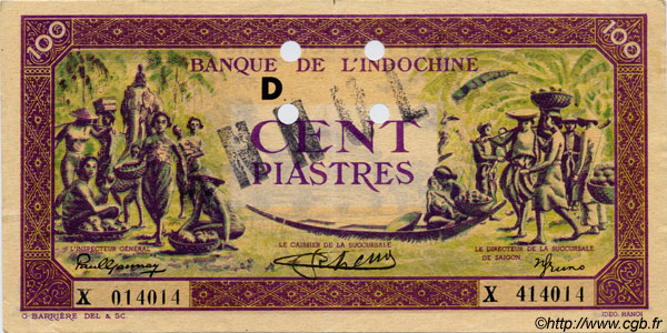 100 Piastres violet et vert INDOCHINE FRANÇAISE  1944 P.067s SUP