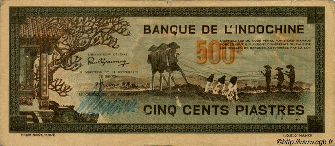500 Piastres gris-vert INDOCHINE FRANÇAISE  1945 P.069 TTB