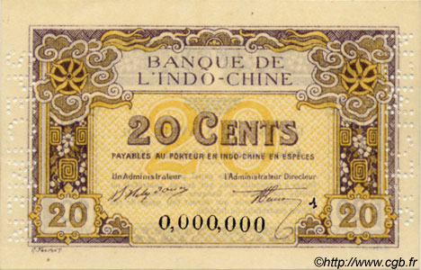 20 Cents Spécimen INDOCHINE FRANÇAISE  1920 P.045bs NEUF