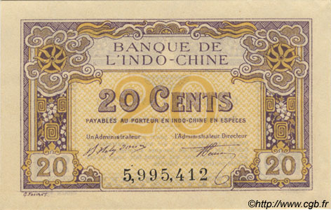 20 Cents FRENCH INDOCHINA  1920 P.045b XF+