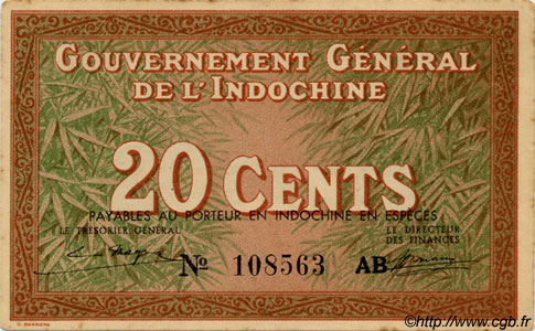 20 Cents INDOCHINE FRANÇAISE  1939 P.086c SPL