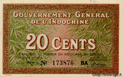 20 Cents INDOCHINE FRANÇAISE  1939 P.086c SUP+