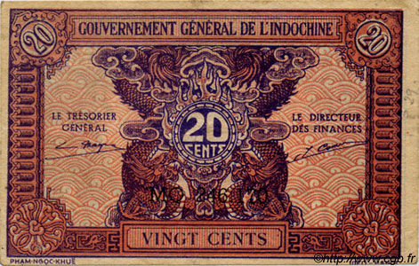 20 Cents INDOCHINE FRANÇAISE  1943 P.090 SUP