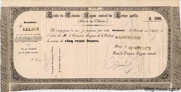 500 Francs INDOCHINE FRANÇAISE  1872 P.- TTB+