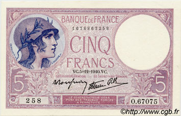 5 Francs FEMME CASQUÉE modifié FRANCIA 1940 F.04.16 SC