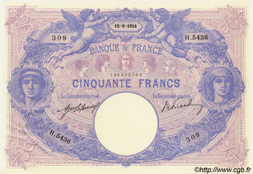50 Francs BLEU ET ROSE FRANCE  1914 F.14.27 pr.SPL