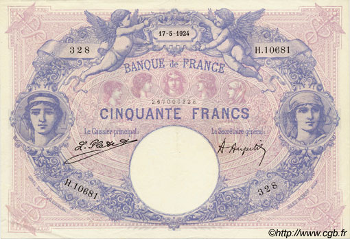 50 Francs BLEU ET ROSE FRANCE  1924 F.14.37 SUP+