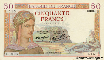50 Francs CÉRÈS modifié FRANCE  1940 F.18.42 SUP