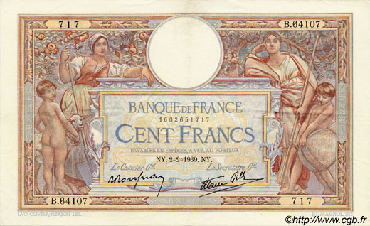 100 Francs LUC OLIVIER MERSON type modifié FRANCE  1939 F.25.41 SUP