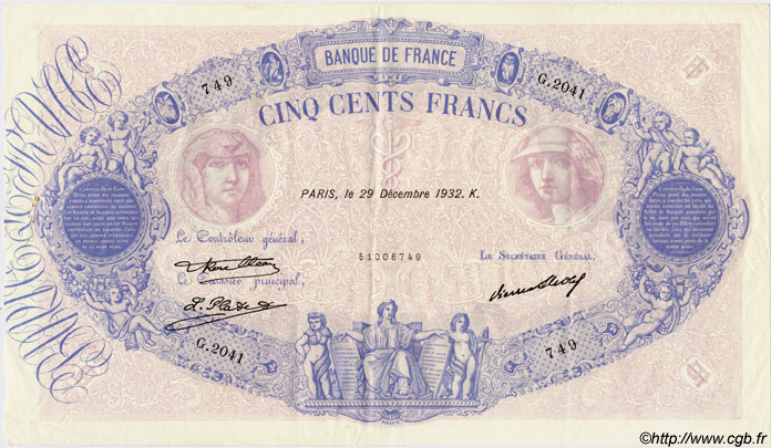 500 Francs BLEU ET ROSE FRANCE  1932 F.30.35 pr.SUP