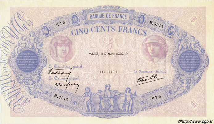 500 Francs BLEU ET ROSE modifié FRANCE  1939 F.31.26 SUP+