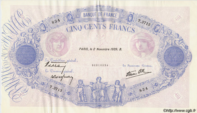 500 Francs BLEU ET ROSE modifié FRANCE  1939 F.31.46 SUP+