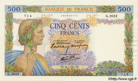 500 Francs LA PAIX FRANCE  1941 F.32.13 NEUF