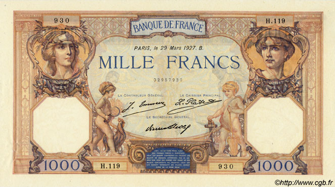 1000 Francs CÉRÈS ET MERCURE FRANCE  1927 F.37.01 SUP+ à SPL