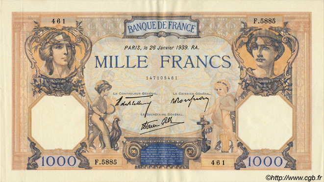 1000 Francs CÉRÈS ET MERCURE type modifié FRANCE  1939 F.38.33 SUP+