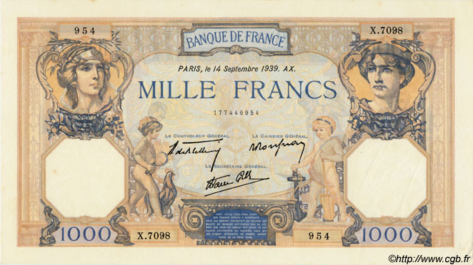 1000 Francs CÉRÈS ET MERCURE type modifié FRANCE  1939 F.38.36 pr.NEUF