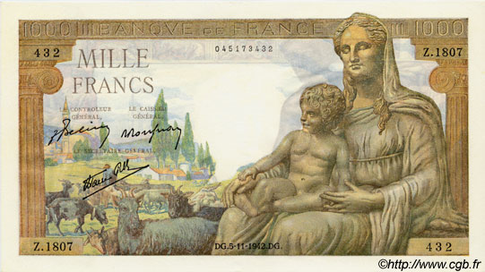 1000 Francs DÉESSE DÉMÉTER FRANCE  1942 F.40.10 pr.NEUF