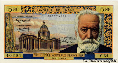 5 Nouveaux Francs VICTOR HUGO FRANCE  1961 F.56.09 SPL