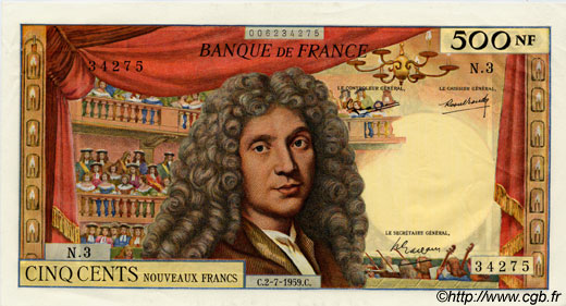 500 Nouveaux Francs MOLIÈRE FRANCE  1959 F.60.01 SPL