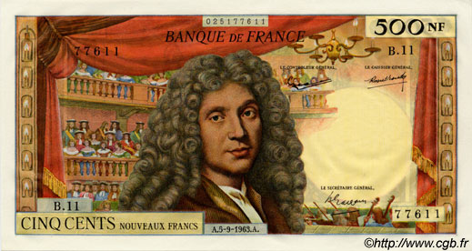 500 Nouveaux Francs MOLIÈRE FRANCE  1963 F.60.05 SPL