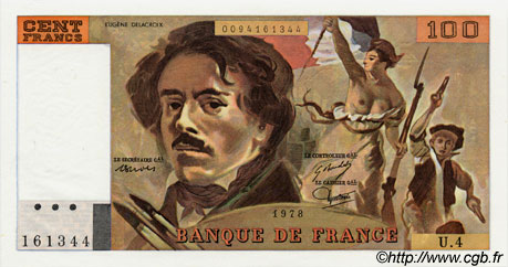100 Francs DELACROIX modifié FRANCE  1978 F.69.01c NEUF