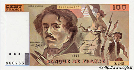 100 Francs DELACROIX uniface FRANCE  1993 F.69bisU.08 SUP