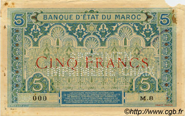 5 Francs MAROC  1921 P.08s TTB