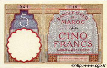 5 Francs MAROC  1922 P.23Aa pr.NEUF
