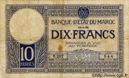 10 Francs MAROC  1924 P.11a TB