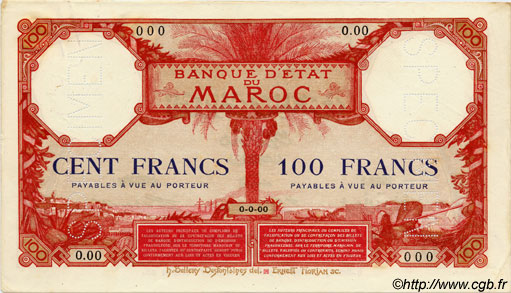 100 Francs MAROC  1920 P.14s SPL