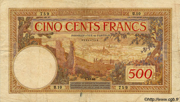 500 Francs MAROC  1923 P.15a TB