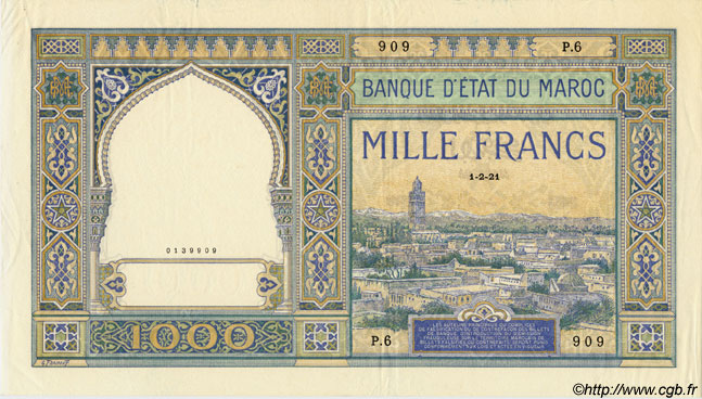 1000 Francs MARUECOS  1921 P.16a EBC