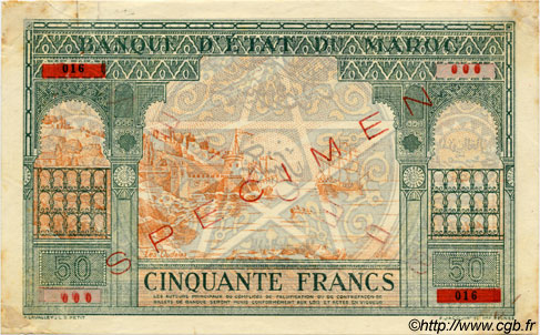 50 Francs MAROC  1943 P.40s TTB à SUP