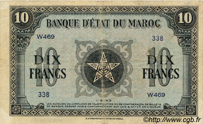 10 Francs MAROC  1943 P.25 TB à TTB