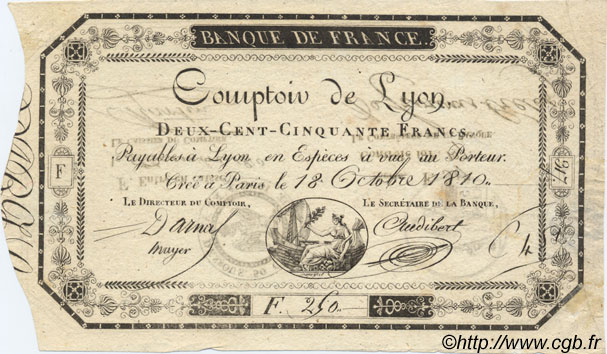 250 Francs Comptoir de Lyon FRANCE  1810 F.A07var. SUP+