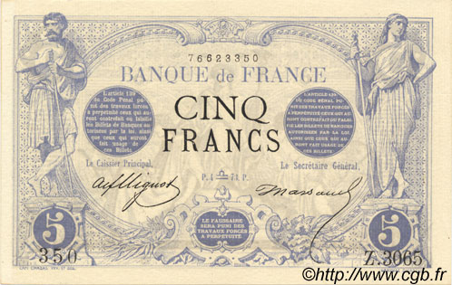 5 Francs NOIR FRANCE  1873 F.01.22 pr.NEUF