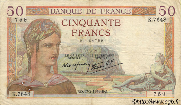 50 Francs CÉRÈS modifié FRANCE  1938 F.18.09 TB